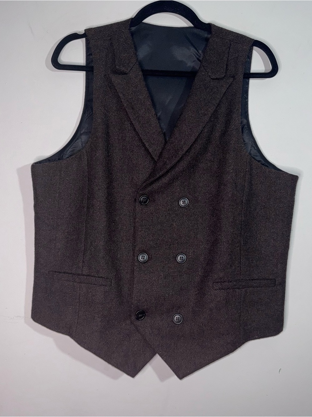 Botvela Men’s M Brown Herringbone Wool Blend Double Breasted Vest